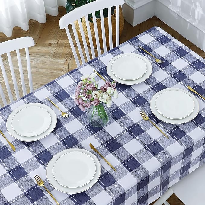 Romanstile Rectangle Vinyl Tablecloth, 100% Waterproof Oil-Proof Checkered Plastic Table Cloth, Heavy Duty Wipeable Table Covers for Dining, Camping, Picnic, Outdoor - 60 x 102 Inch, Blue Checkered