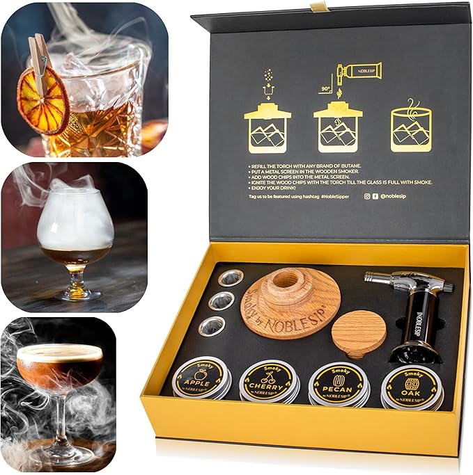 NOBLESIP® Whiskey Bourbon Smoker Kit 𝗣𝗥𝗘𝗠𝗜𝗨𝗠 Smoky bar Set. Made from Natural American Oak Wood. Easily Make The Legendary Smoked Cocktails and Old fashioneds at Home. New Year Home bar Gift!