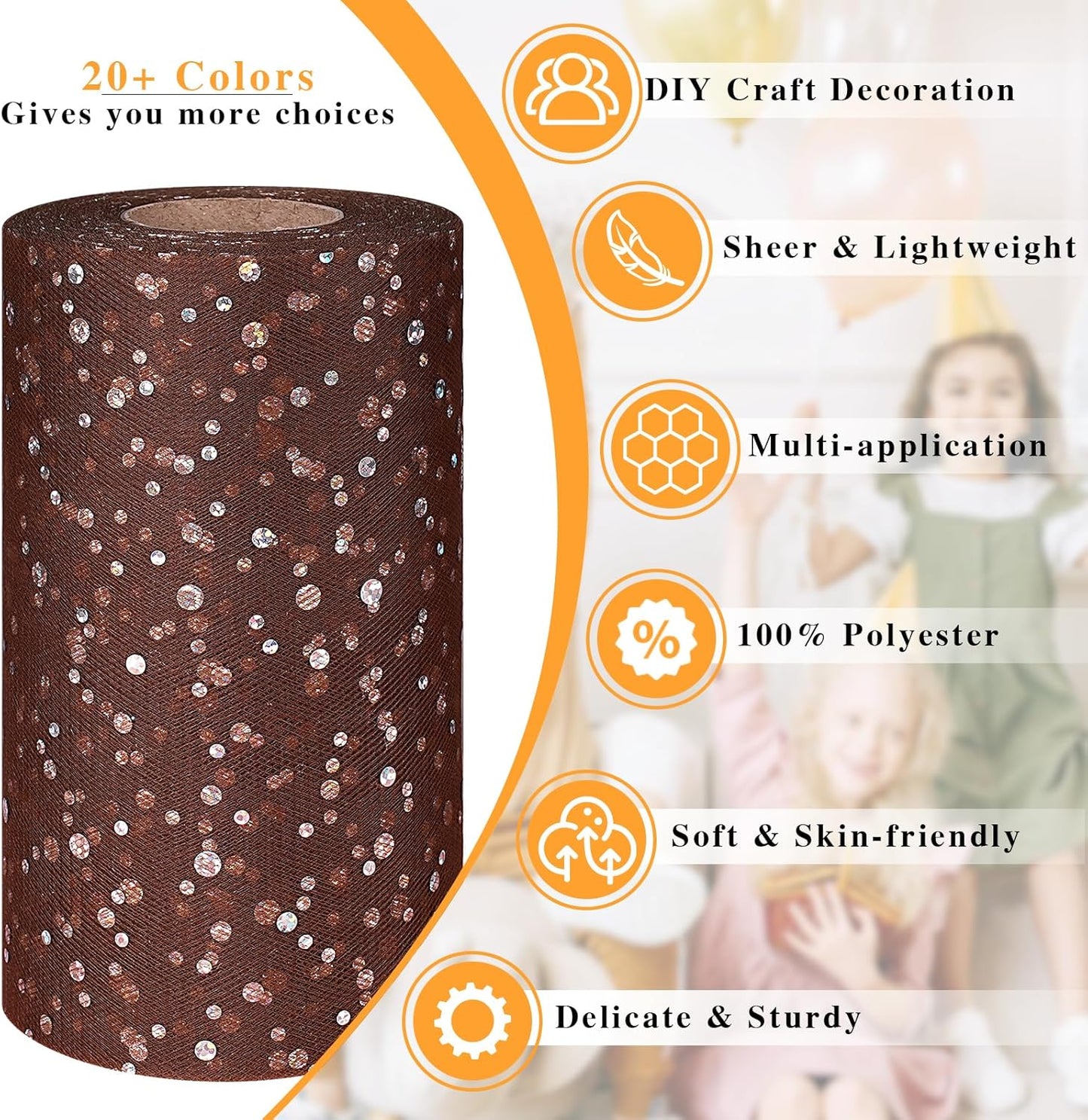 Glitter Tulle Rolls, 6' by 50 Yards (150FT) Sequin Tulle Netting Fabric for Tutu Skirts Sewing Birthday Wedding Party Decoration (Brown)