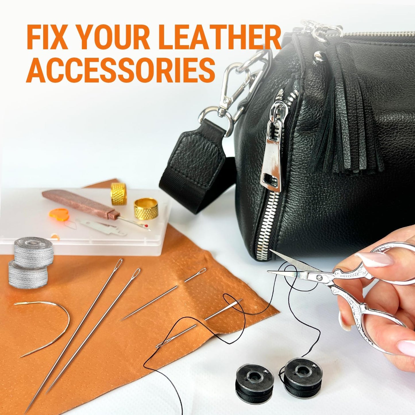 VONEEDL Heavy Duty Sewing Needles (11 PCS) & Waxed Thread (2 Black and 2 Grey Colors) - Upholstery Repair Kit for Leather, Canvas, Quilting & More