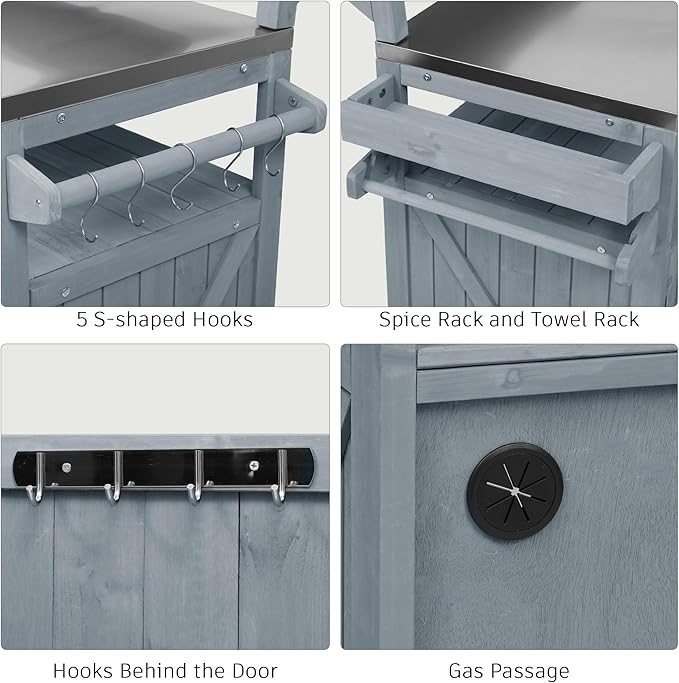 53.3" Outdoor Kitchen Island with Stainless Steel Top, Rolling Grill Cart with Adjustable Shelves, Raised Shelf, Lockable Wheels, Portable Outdoor Table and Bar Storage Cabinet for Patio