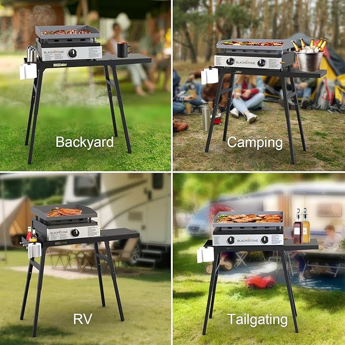 Griddle Stand for Blackstone 17"and 22" Tabletop Griddle, Foldable Grill Table with Adjustable Legs, a Removable Side Shelf, Paper Towel Holder, 3 Tool Hooks and a Spice Box, for RV, Camping