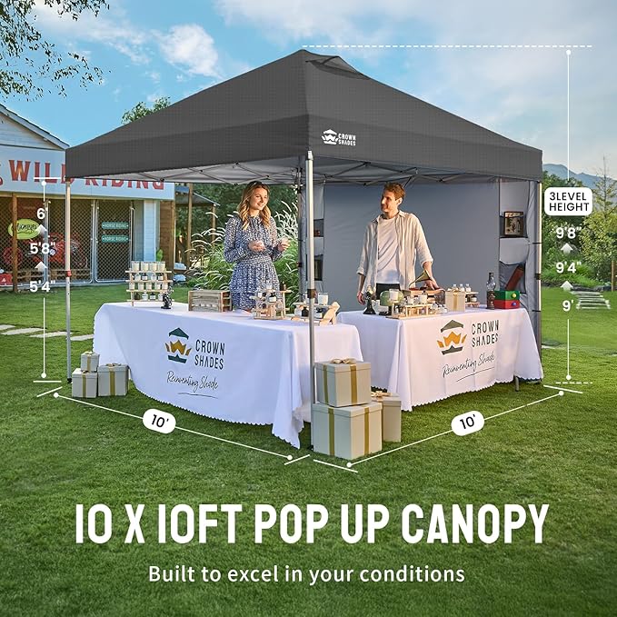 CROWN SHADES Canopy Tent 10x10 Pop Up Canopy Outdoor Shade with Pockets Sidewall, Easy Up Sun Shelter with One Person Set Up Center Lock, Portable Instant Camping Beach Canopies Tents, Grid Grey