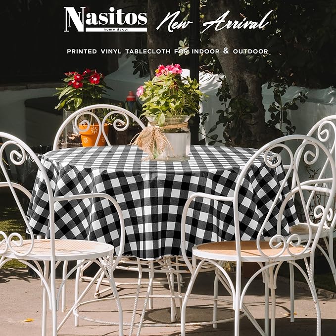 Nasitos 2 Pack Checkered Round Tablecloth 60 Inch-Waterproof Oil & Spill Proof Washable Wipeable Table Cloth, Black and White Plastic Table Cover Flannel Backed for Dining, Party, Outdoor, Picnic