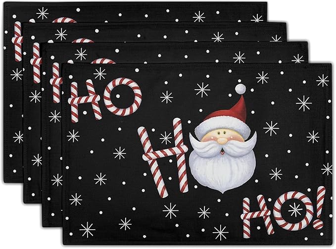 Giwawa Christmas Placemats Set of 4, Santa Claus Laugh Winter Snowflake Black Table Mat 12x18 Inch, Xmas Sweet Candy Cane Stick Heat Resistant Washable Place Mats for Dining Kitchen Holiday Decor