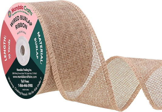 Mandala Crafts Natural Burlap Wired Ribbon 2 Inches Wide Jute Ribbons for Crafts - 10 Yds Roll Rustic Burlap Wrap Trim Ribbons for Wreaths Bows Party Decoration