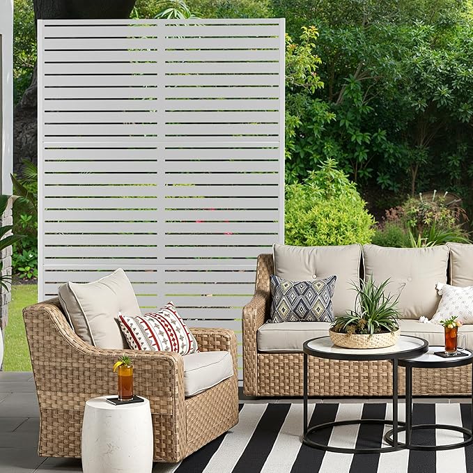 Metal Privacy Screen for Outdoor & Indoor Use, Free Standing Privacy Screen for Patio Garden Pool, 72" H x 47" W Decoative Privacy Panels, Weather Resistant, Easy Assembly (White Louvered)