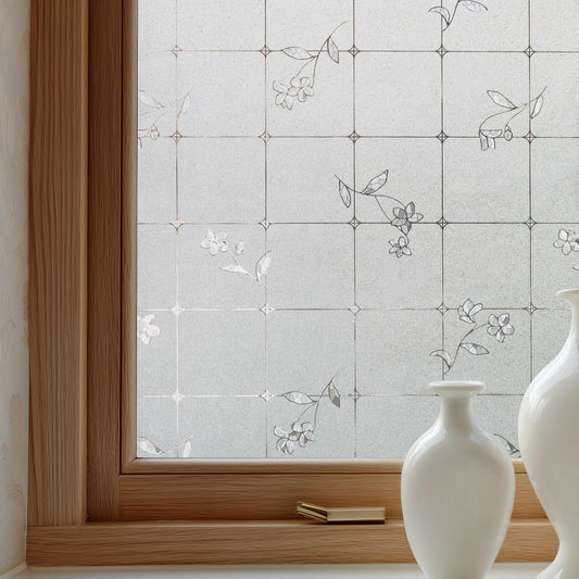 Window Privacy Film Decorative for Front Door, Bathroom Static Cling Stained Glass Sticker Opaque Heat Control UV Blocking Non-Adhesive for Home Windows, Fresh Flowers