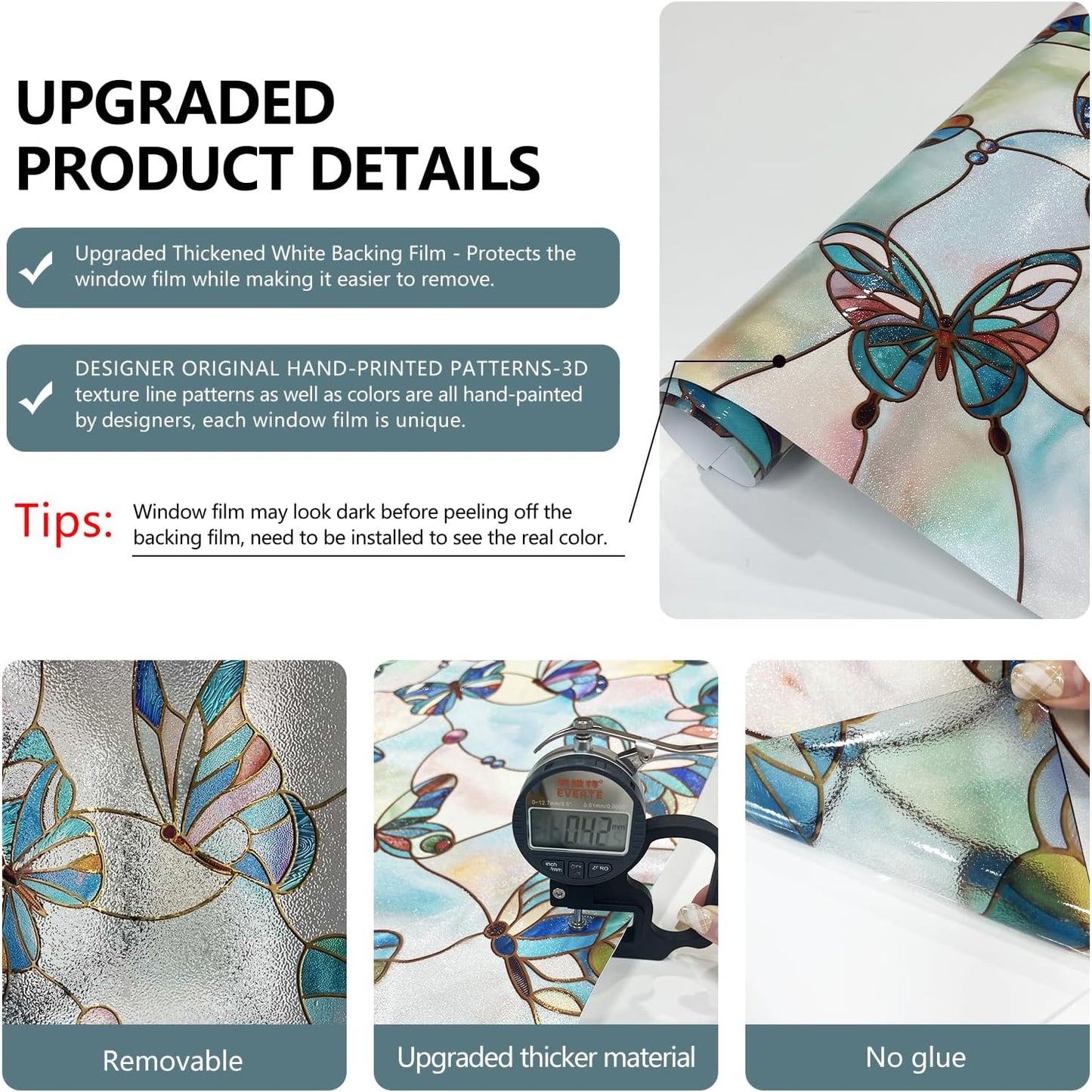 3D Stained Glass Window Film, Decorative Window Privacy Film for Bathroom,Front Door,Home, Sun Blocking Heat Control,Static Cling,Butterfly, 23.6inch x 35.4inch