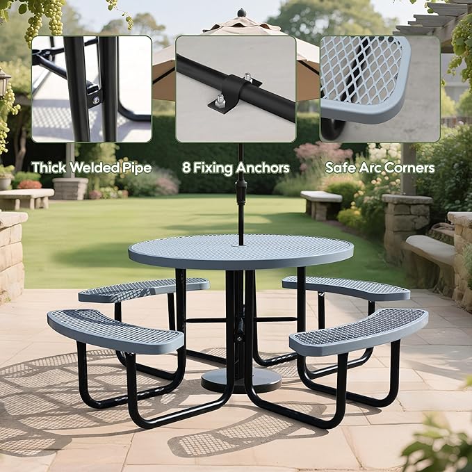 46'' Round Metal Picnic Table for Outdoors, Commercial Steel Metal Picnic Tables, Heavy Duty Sturdy Picnic Tables Furniture Set for Patio Garden Courtyard BBQ, with Umbrella Hole, Grey