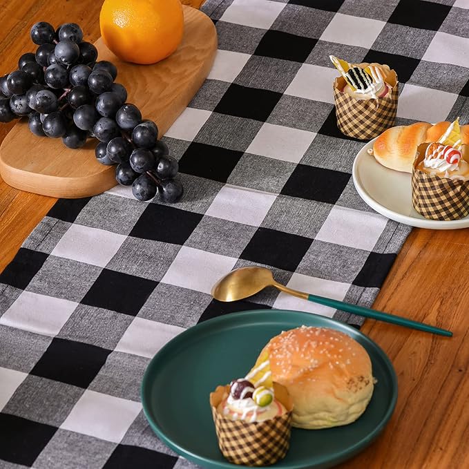 Tosewever Buffalo Check Plaid Table Runner, Cotton Polyester Blend Classic Family Dinner Table Runners for Indoor Outdoor Parties, Christmas Events Home Decoration (Black and White, 14 x 72 Inch)