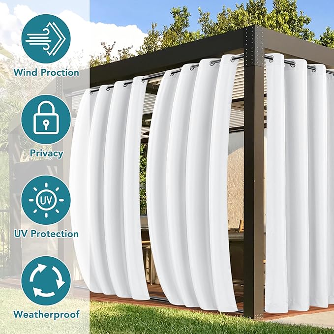 HolidayIdeas 4 Panels Gazebo Curtains Waterproof-Outdoor White Curtains 54x84 Inch-Windproof Weatherproof Privacy Curtain-Grommet Top and Tab Bottom Drape for Patio, Porch, Pergola, Cabana