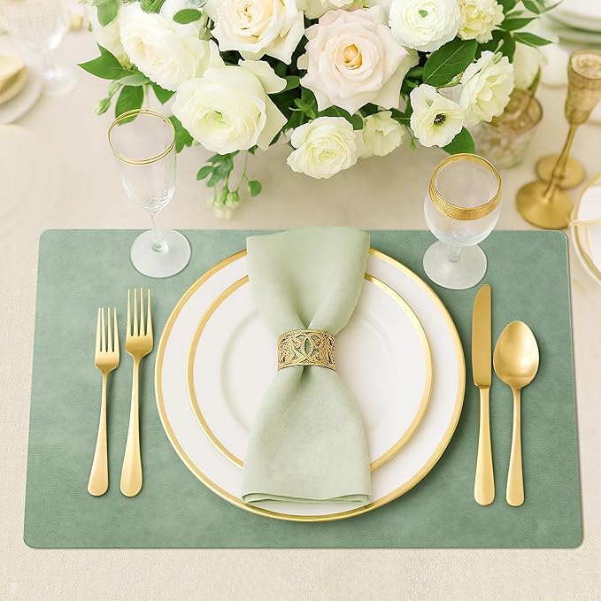 Roxifina Faux Leather Placemats Set of 6 - Vinyl Placemats Wipeable Waterproof Oil-Proof PU Place Mats Heat Resistant Reversible Table Mats for Dining, Kitchen, Outdoor, 12 x 17 Inch (Green)