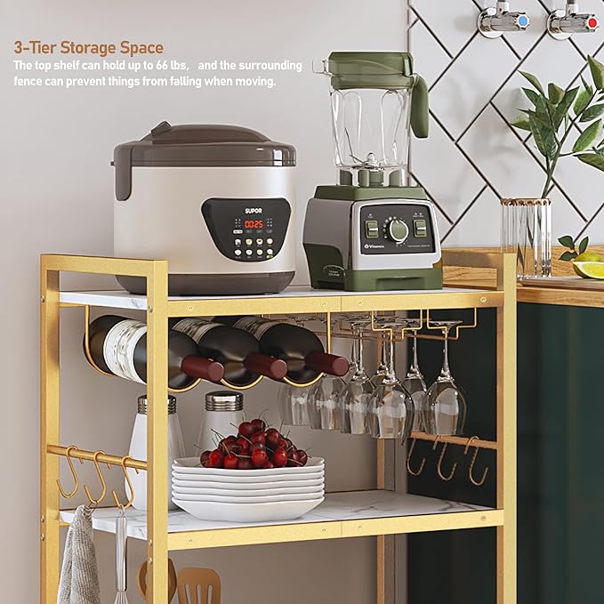 TUTOTAK Bar Cart - Serving Cart for Home - Microwave Cart, Drink Cart, Mobile Kitchen Shelf with Wine Rack and Glass Holder, Rolling Beverage Cart BC01BMG030