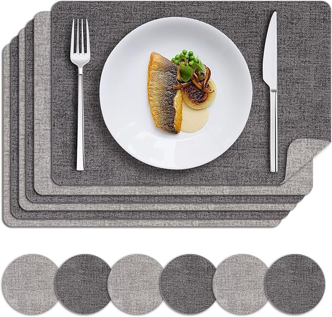 MOSAYT Faux Leather Placemats Set of 6, Heat Resistant Wipeable Washable Vinyl Place Mats with Coasters, Waterproof Oil Proof Table Mats for Kitchen Dining Party Outdoor, 12" x 17", Dark Light Grey