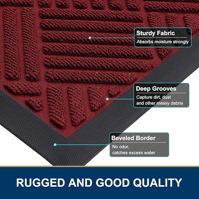 Smiry Front Door Mat Outside Entrance, Heavy Duty Outdoor Indoor Mat, Natural Rubber Doormat, Non Slip, Trap Dirt and Moisture, Easy Clean, Low Profile Patio Porch Entryway Mat, 35x23, Wine Red
