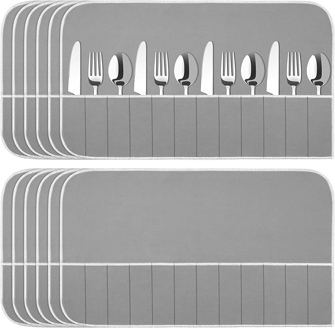 Hillban 12 Pcs Anti Tarnish Silver Storage Bags Silver Storage Cloth Felt Flatware Organizer Anti Tarnish Protector Bags Place Setting Roll with White Ribbon for Kitchen Cutlery (12 Slots,Grey)