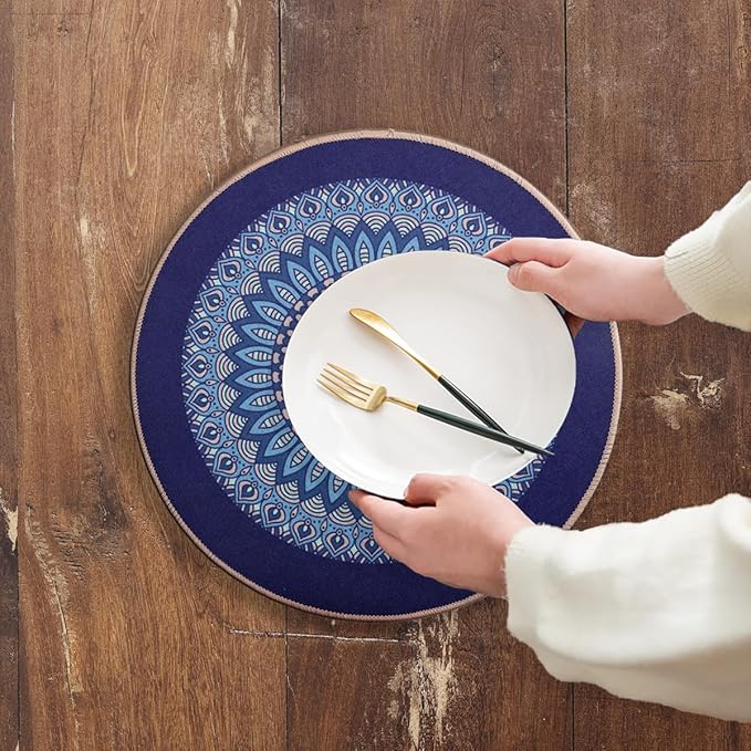 PIGCHCY Round Boho Placemats Set of 6, Rubber Heat Resistant Tabel Mats, Waterproof Washable Placemat for Dining Table Decoration (Deep Blue)