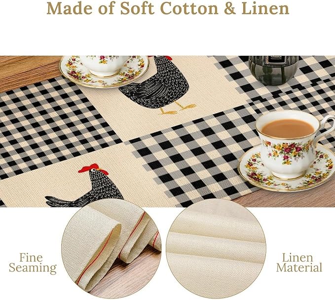 Farm Animal Table Runner, Chicken Hen Black White Buffalo Plaid Check Farmhouse Chick Table Runner for Home Kitchen Holiday Dining Party 13x70in