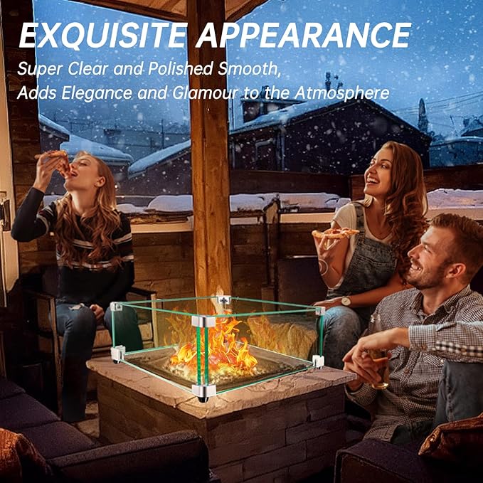 Fire Pit Wind Guard: 17.5" x 17.5" x 7" Square Fire Pit Glass Wind Guard for Outdoor Propane/Natural Gas Fire Pit Table, Thick Tempered Glass and Hard Aluminum Corner Bracket, Easy Assembly