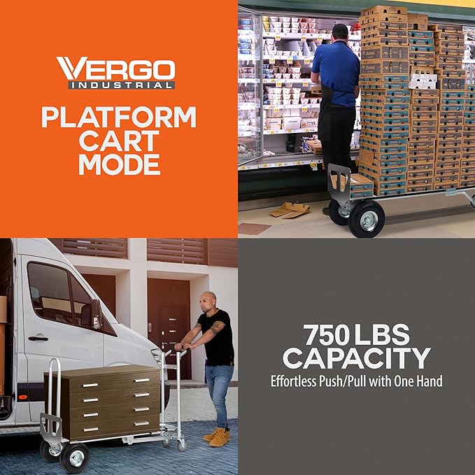 Vergo Industrial Convertible Hand Truck - AS7A2 Heavy Duty Aluminum 3 in 1 Dolly (750 lb Capacity) Lightweight Frame, Ergonomic Handle, Extendable Loop, Versatile Moving Dolly (3 Positions, 53" High)