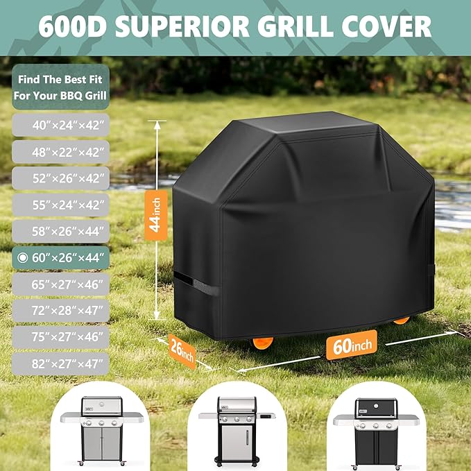 Grill Cover 60 Inch - Superior BBQ Cover for Weber Genesis 300 Series Gas Grill - 600D Outdoor Barbecue Covers for Weber Genesis ii 300, Dyna-glo, Char-Broil, Nexgrill, Monument and Brinkmann