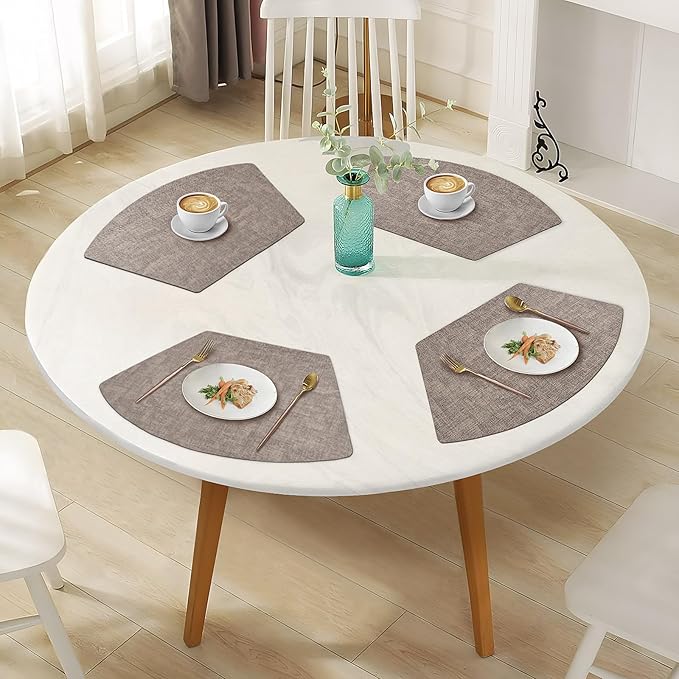 Round Table Placemats Set of 6, Faux Leather Wedge Shape Place Mats Heat Resistant Wipeable Washable Table Mats for Dining Outdoor Indoor, Camel