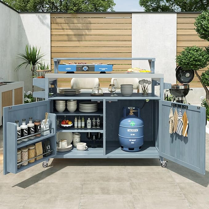 53.3" Outdoor Kitchen Island with Stainless Steel Top, Rolling Grill Cart with Adjustable Shelves, Raised Shelf, Lockable Wheels, Portable Outdoor Table and Bar Storage Cabinet for Patio