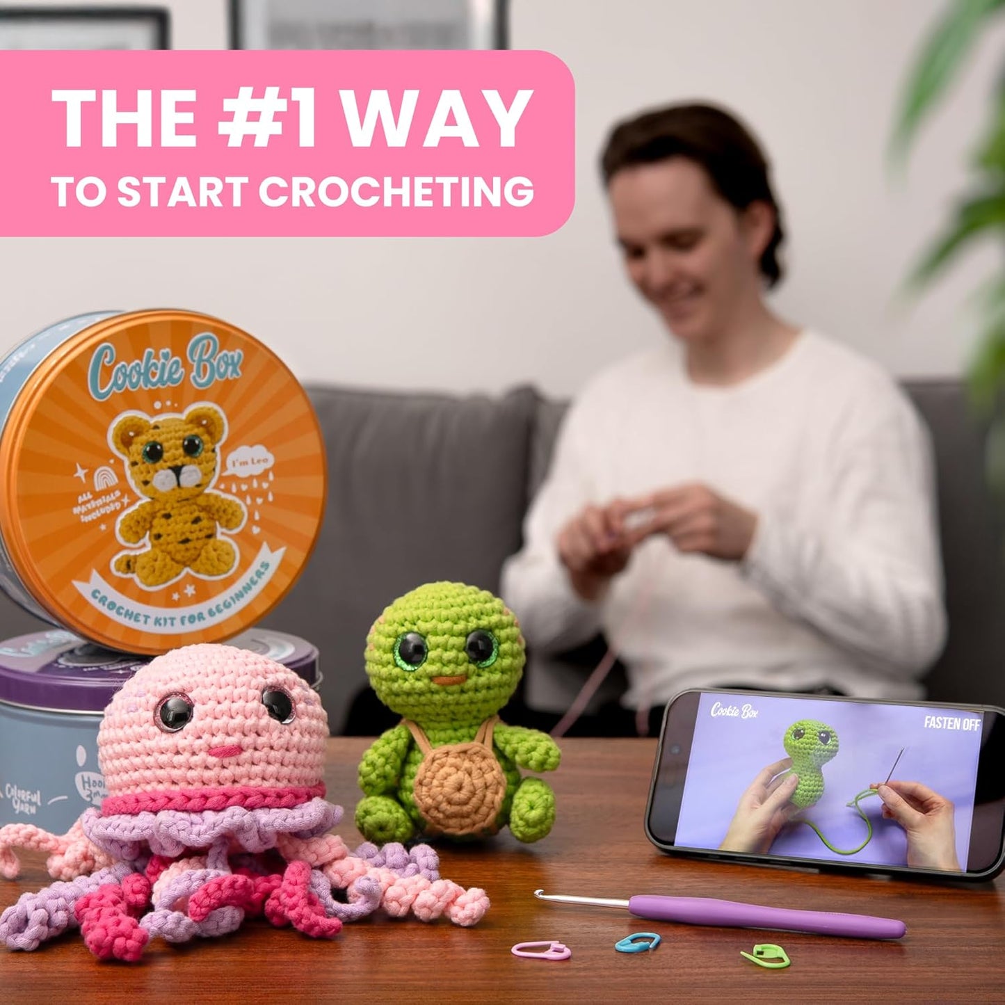 Cookie Box Crochet Kit for Beginners – Gift Set to Make Bunny Lola Amigurumi Plushie – Easy DIY Crochet & Knitting Starter Kit with Video and PDF Tutorials