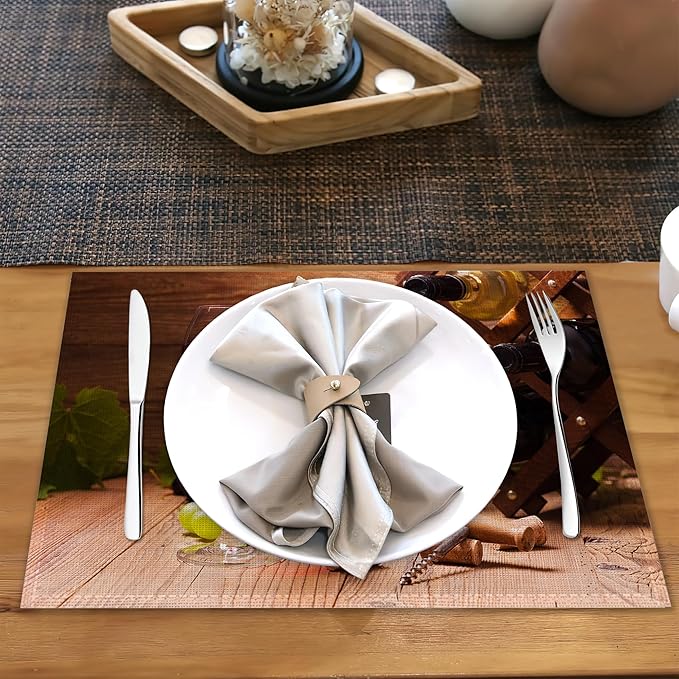 Red Wine Grapes Placemats for Dining Table Set of 6,Glass Cup Place Mats for Home Party Kitchen Indoor Holiday Rustic Washable Heat Resistant Table Mats 12 x 18 Inch