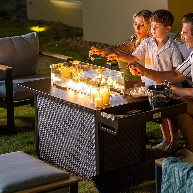 52 Inch Wicker Patio Fire Table, 50,000BTU Propane Fire Pit Table with Glass Wind Guard, Side Basket, Cover and CSA Certified, Outdoor Fire Pit for Garden, Backyard, Balcony, Poolside, Brown