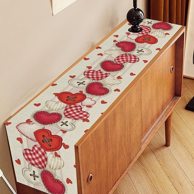 Valentines Day Table Runner,Rustic Red Heart Buttons Runner for Table Seasonal Romantic Decor for Indoor Outdoor Dining Table Decorations, 13"x108"