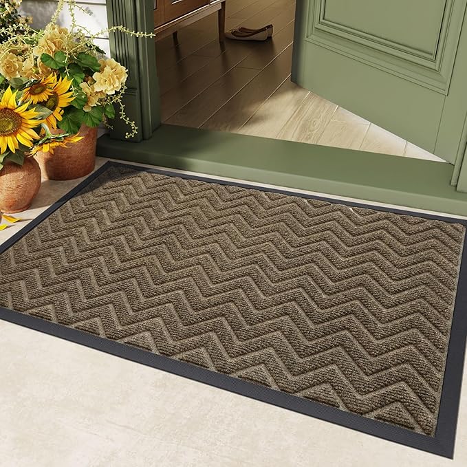 DEXI Front Door Mat Outside Entrance, 17x29 Rubber Entry Doormat Heavy Duty, Welcome Mats Non Slip for Inside House Floor Entryway Back Doors Exterior Patio, Chevron Brown