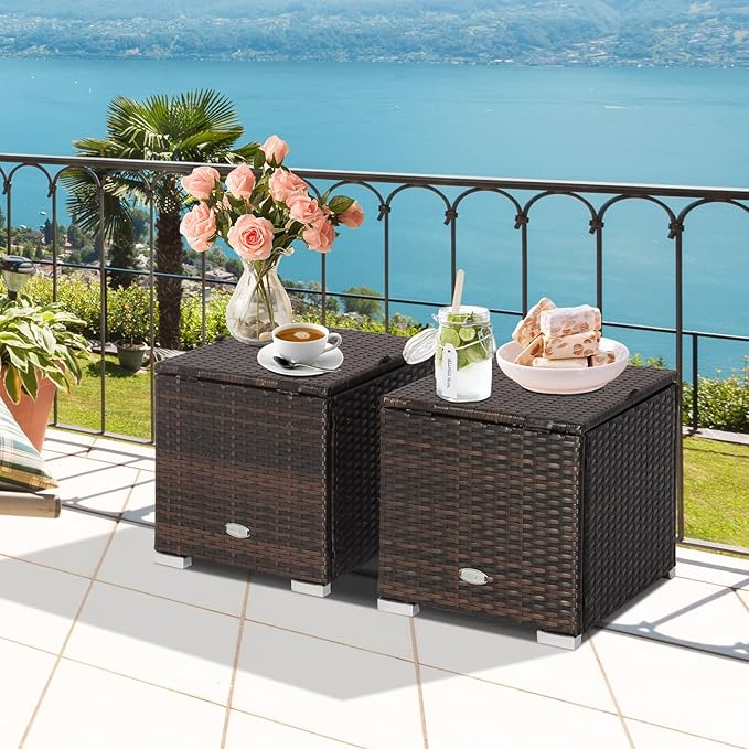 Tangkula 2 Pieces Patio Ottomans, Patiojoy Hand-Woven PE Rattan Side Table with Removable Cushion & Hidden Storage Space, Multifunctional Storage Box, Seat for Patio, Backyard, Poolside (Off White)