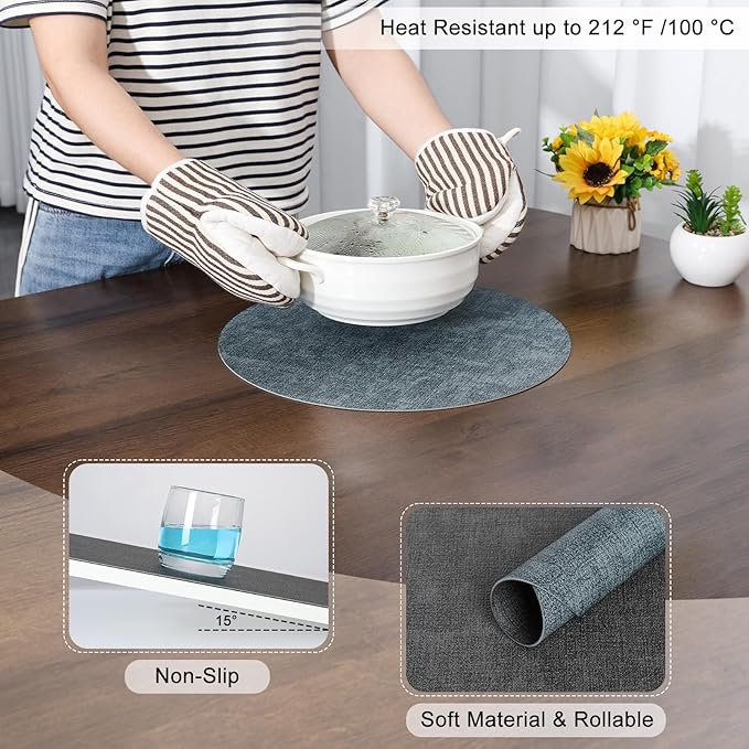 Myir JUN Round Placemats, Dual Sided Faux Leather Place Mats Set of 4 Indoor/Outdoor Non-Slip Washable Table Mats (Gray Light Blue, Set of 4)