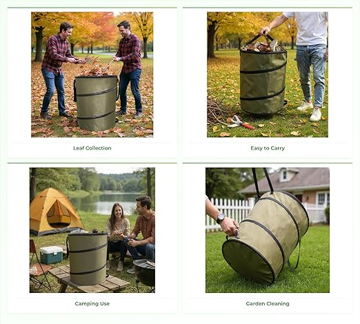 Collapsible Trash Can Outdoor Storage Bag, 10 Gallon Portable Leaf Garbage Bin with Handles, Waterproof Oxford Fabric for Camping, Picnic, Beach, Park, Travel, Automotive (S Size, Green)