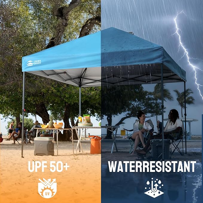 CROWN SHADES 10x10 Pop Up Canopy Tent - Patented Center Lock One Push Instant Outdoor Canopy Beach Tent with STO-N-Go Bag 8 Stakes & 4 Sand Bags，Sky Blue