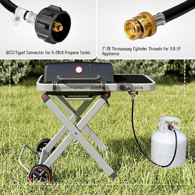Portable Propane Gas Grill with Folding Cart & 13000 BTUs Burner, 360 Sq. In. Cast Iron Cooking Grates, Side Table, 8" Wheels, Stainless Grease Tray, Black Includes Propane Adapter Hose.