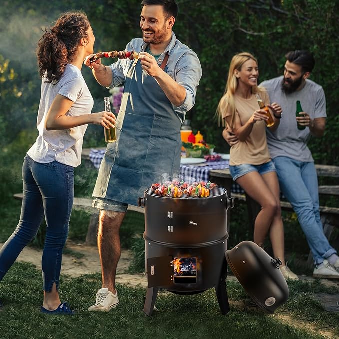 3-in-1 Vertical Charcoal Smoker Grill - Heavy Duty Portable Outdoor BBQ with Smoking Function, Built-in Thermometer, Air Vent & 2 Access Doors for Backyard Parties, Camping