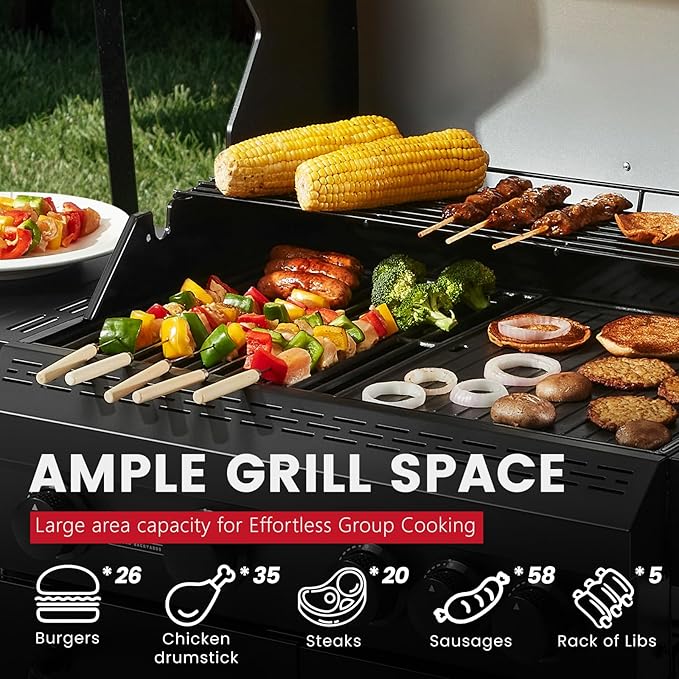 4 Burner Propane Grill,50000 BTU BBQ Grill with Side Burner and Enameled Cast Iron Grates,Visible Window Gas Grill with Wheels for Outdoor Cooking, Patio, Garden Barbecue Griliing