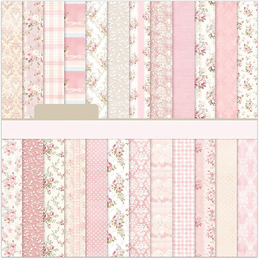 6 Inch Pink Flowers Scrapbooking Paper Pad - 24 Sheets Double Sided Aesthetic Patterns for Wedding Photos Album Journals Decorative Collage Origami DIY Crafts Gifts Wrapping Material