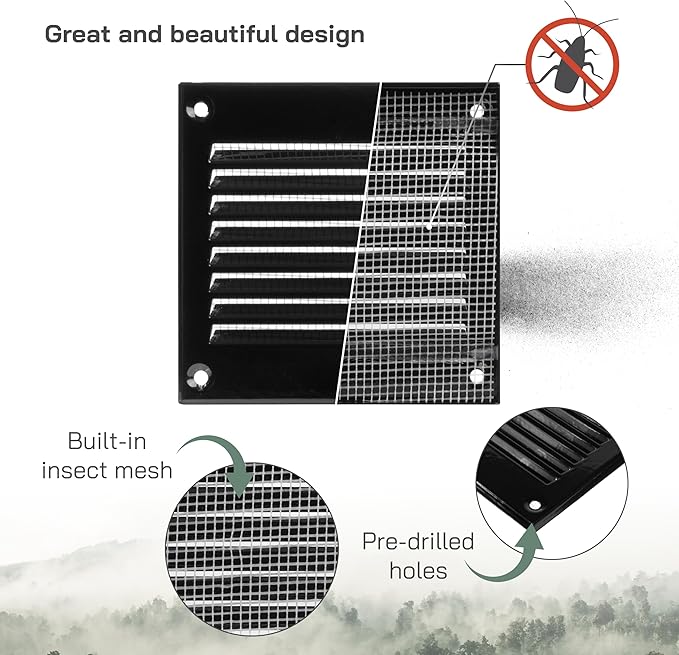 Vent Systems 4'' x 4'' Inch (Overall Dimensions) Pack of 20 - Black - Air Vent Cover Metal Air Return Grill with Built in Guard Screen Mesh - HVAC Vent Duct Cover, Soffit Vent for Indoor & Outdoor