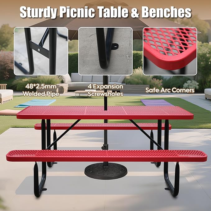 6FT Rectangular Metal Picnic Table for Outdoors, Commercial Steel Metal Picnic Tables, Heavy Duty Sturdy Picnic Tables Furniture Set for Patio Garden Courtyard BBQ, with Umbrella Hole, Red