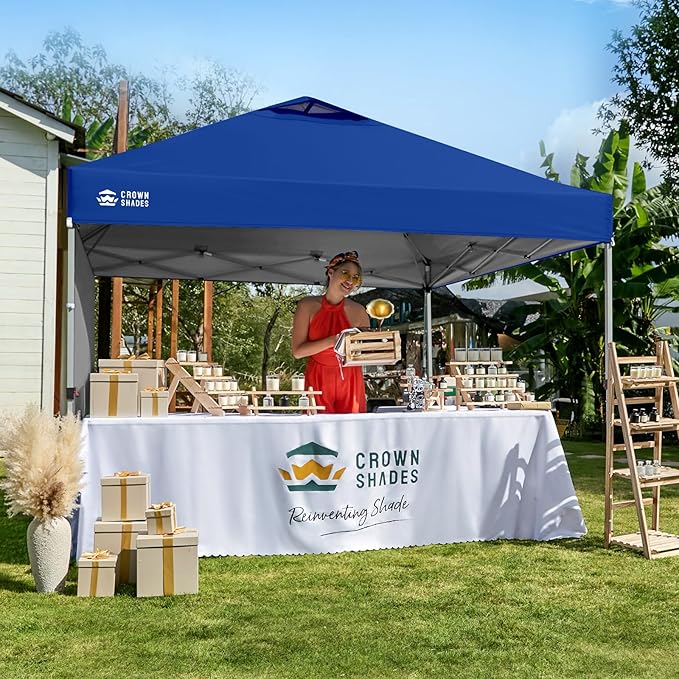 CROWN SHADES 10x10 Pop Up Canopy with 1 Side Wall - Beach Tent with One Push Setup - Outdoor Sun Shade for Events, Parties, Camping - Gazebo with STO-N-Go Cover Bag (Navy Blue)
