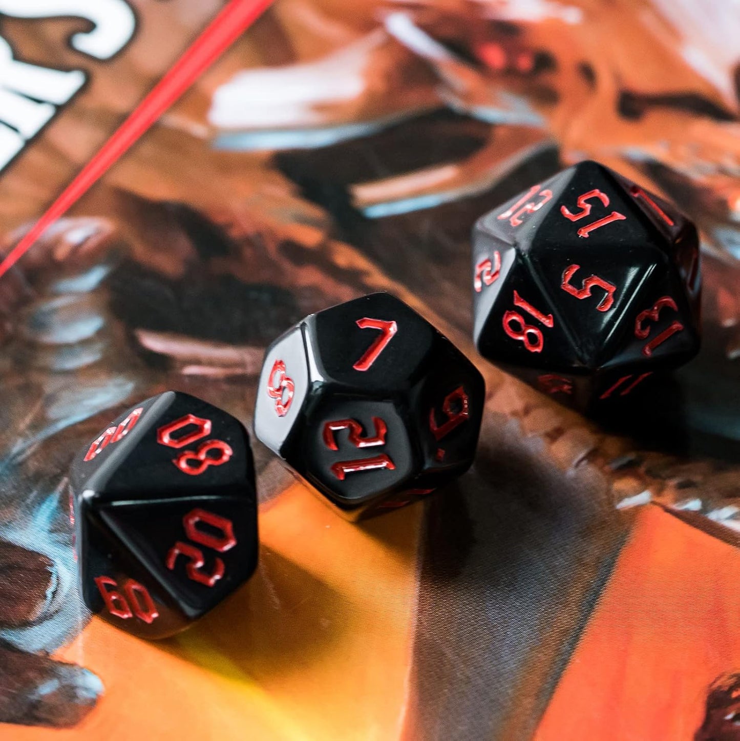 7-Die Polyhedral DND Dice Set, Black D&D Dice with Leather Pouch for Role Playing Games, Black with Red Number, D4 D6 D8 D10 D12 D20 D%