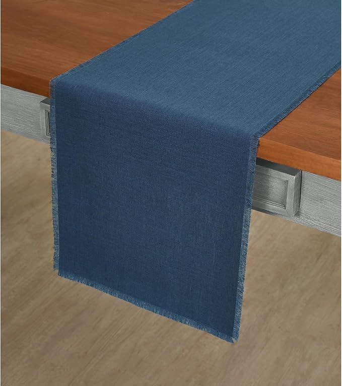 Solino Home Linen Fringe Table Runner 72 Inches Long - 100% Pure Linen Vintage Blue Table Runner 14 x 72 Inch for Winter, Spring, Easter