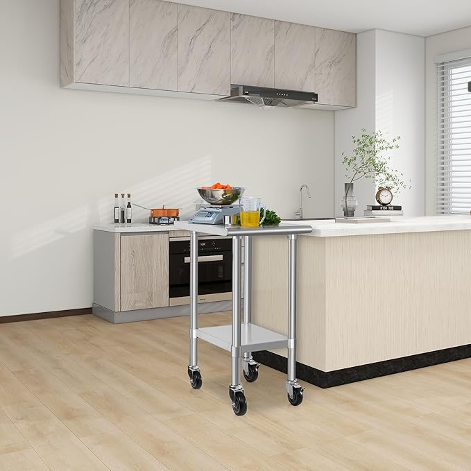 HARDURA Stainless Steel Commercial Table Prep & Work Table with Casters Heavy Duty Metal Table with Wheels NSF 430 24×24 Inches