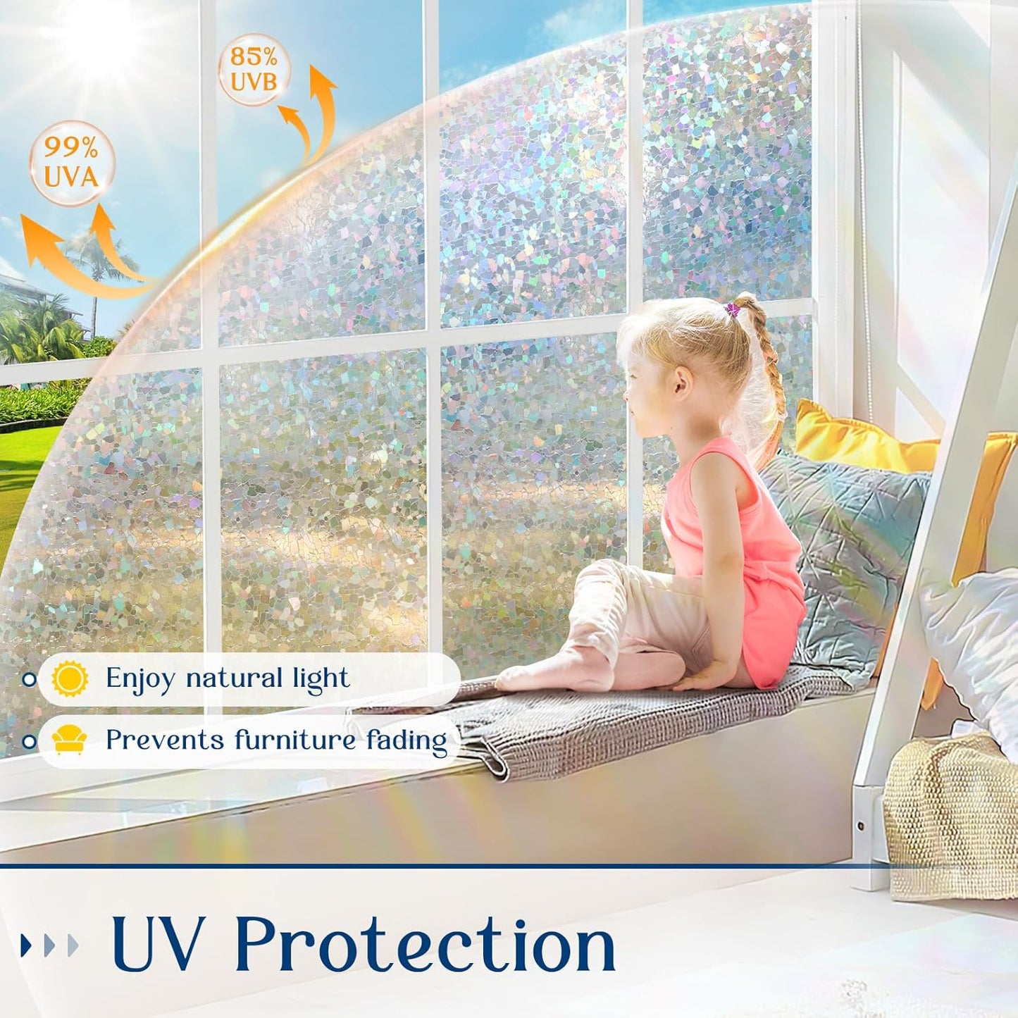 Haton Window Privacy Film, Rainbow Stained Glass Window Clings, 3D Decorative UV Sun Blocking Sticker, Removable Static Cling Heat Control Tint for Home Door, 35.4" x 157.4" Non-Adhesive