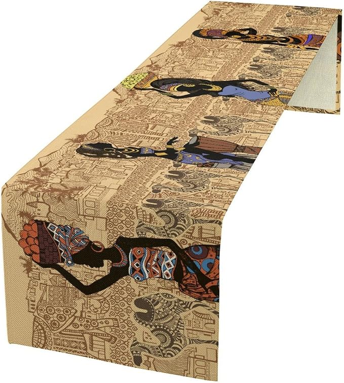 African Black Woman Table Runners, American Art Ethnic Tribe Elephant Table Runners for Wedding Party Banquet Dinner Kitchen Coffee 13x70in