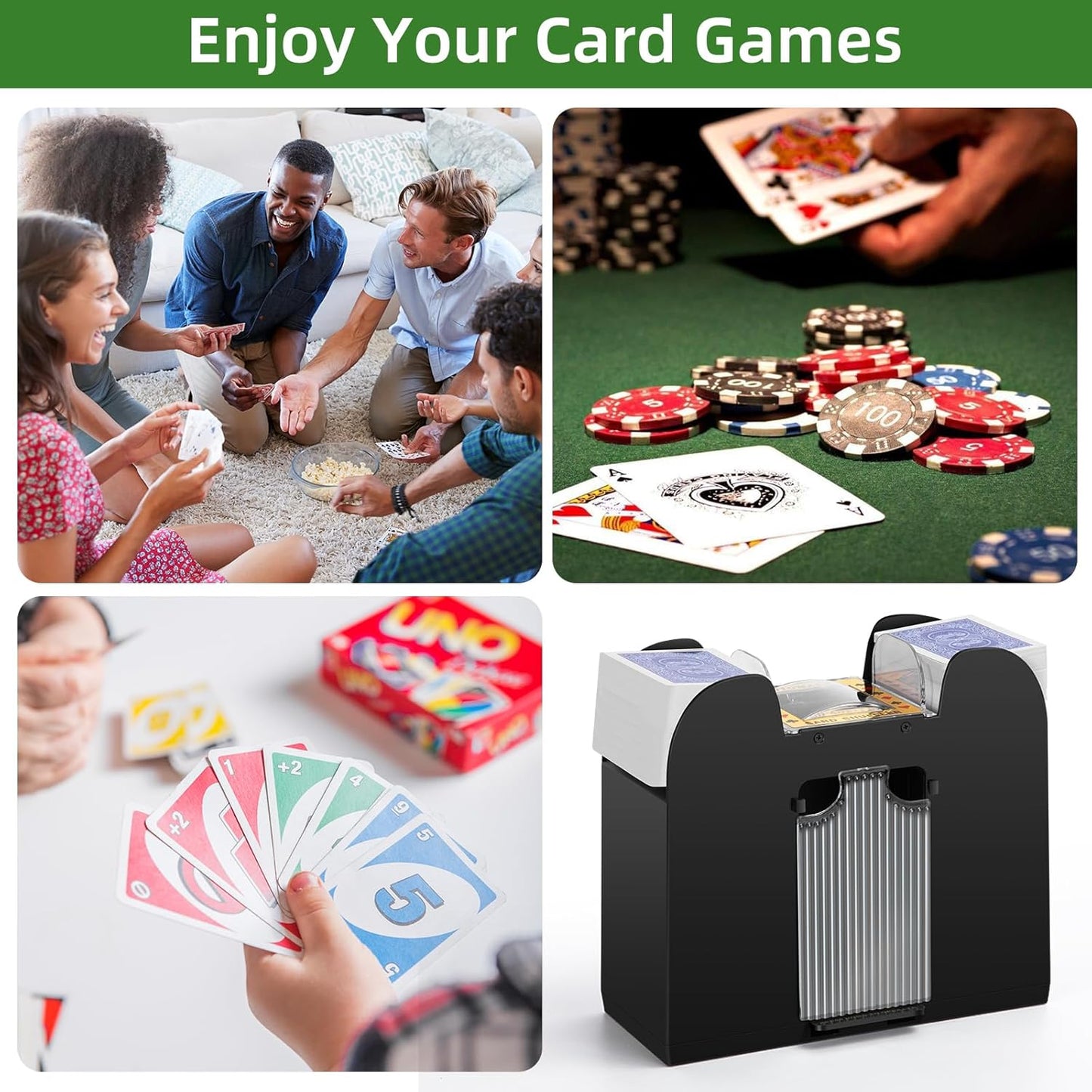 Automatic Card Shuffler 1/2/4/6 Decks,Battery Operated Electric Playing Card Shuffler for UNO,Casino Card Game,Poker,Phase 10,Blackjack,Texas Hold'em,Home Card Games